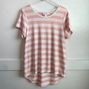 Market & Spruce White & Orange Striped Rounded Hem Short Sleeve Shirt
